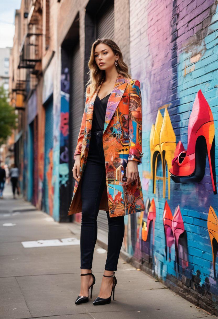 A chic, fashionable woman standing confidently in a stylish urban setting, showcasing a variety of heels—stilettos, block heels, and ankle boots—arrayed around her. The background features a vibrant cityscape with colorful street art, emphasizing trends and style. Soft lighting highlights the textures of the shoes and the elegant outfit. The scene exudes empowerment and fashion elegance. super-realistic. vibrant colors. stylish urban background.
