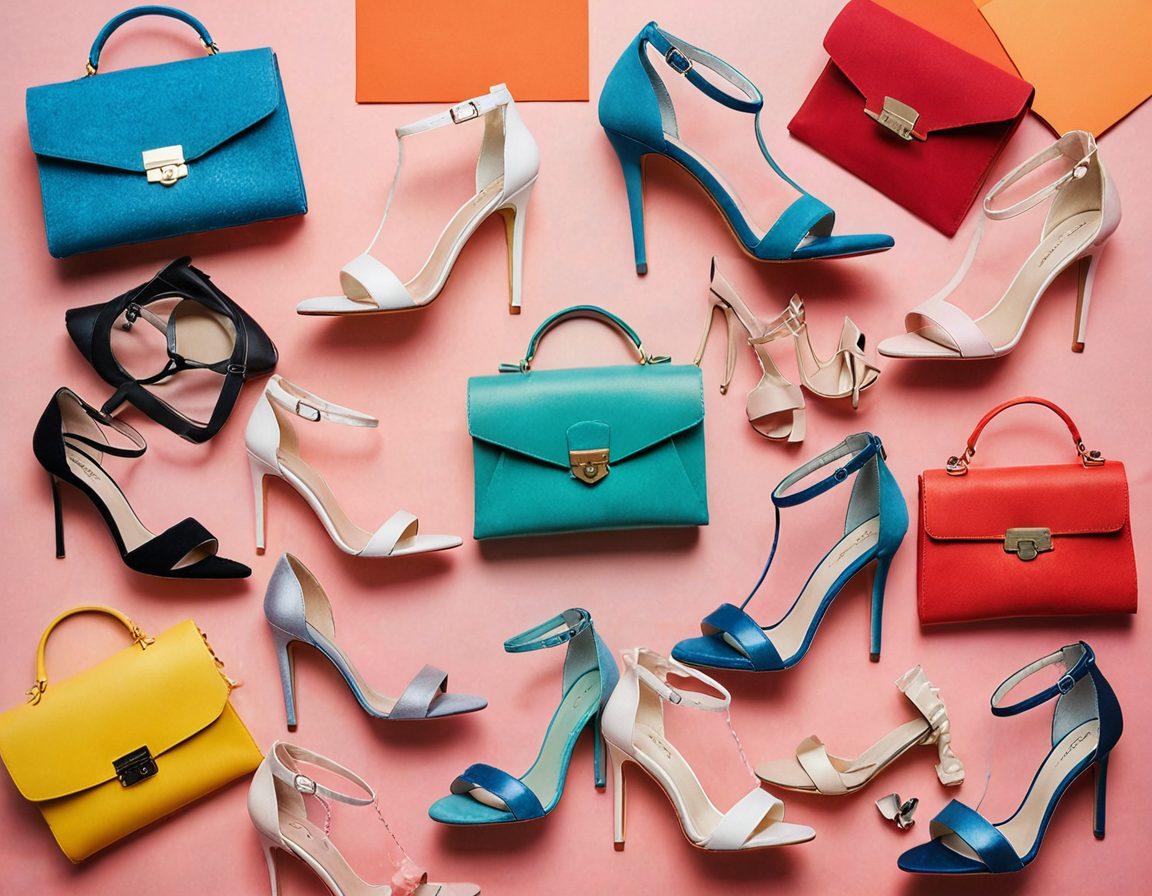 A stylish collage featuring a variety of footwear, including elegant stiletto heels, trendy sandals, and chic flats, displayed on a colorful backdrop. Showcase the transition through soft gradients, incorporating elements like fashion accessories and a well-dressed silhouette walking on a runway. Add hints of fashion magazines, swatches of fabric, and accessories to enhance the theme. vibrant colors. modern design. chic aesthetic.
